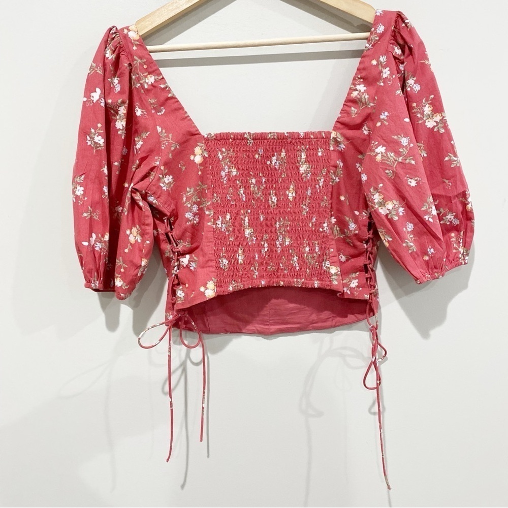 Abercrombie & Fitch Pink Floral Puff Sleeve Crop Top - Picture 5 of 8